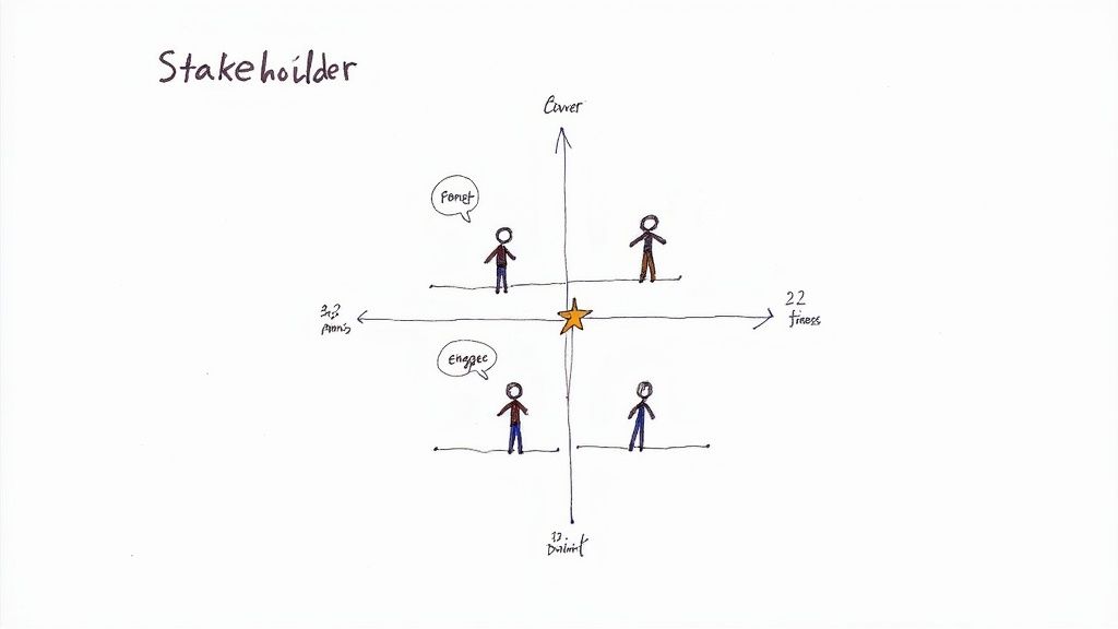 A hand-drawn stakeholder analysis matrix with four quadrants, depicting four stick figures and action labels.