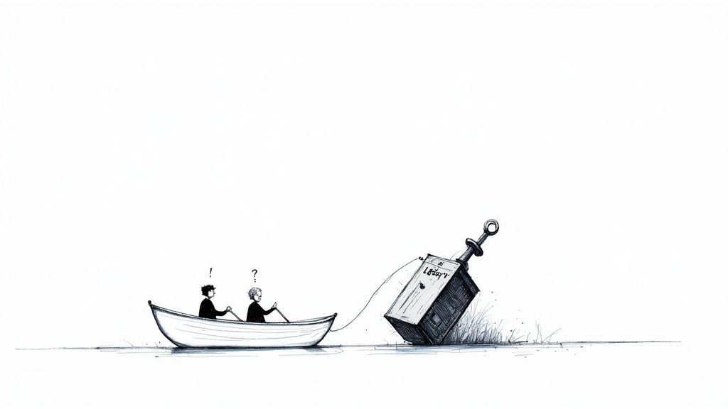 Two people in a rowboat struggle to pull a heavy, sword-handled block from the water.