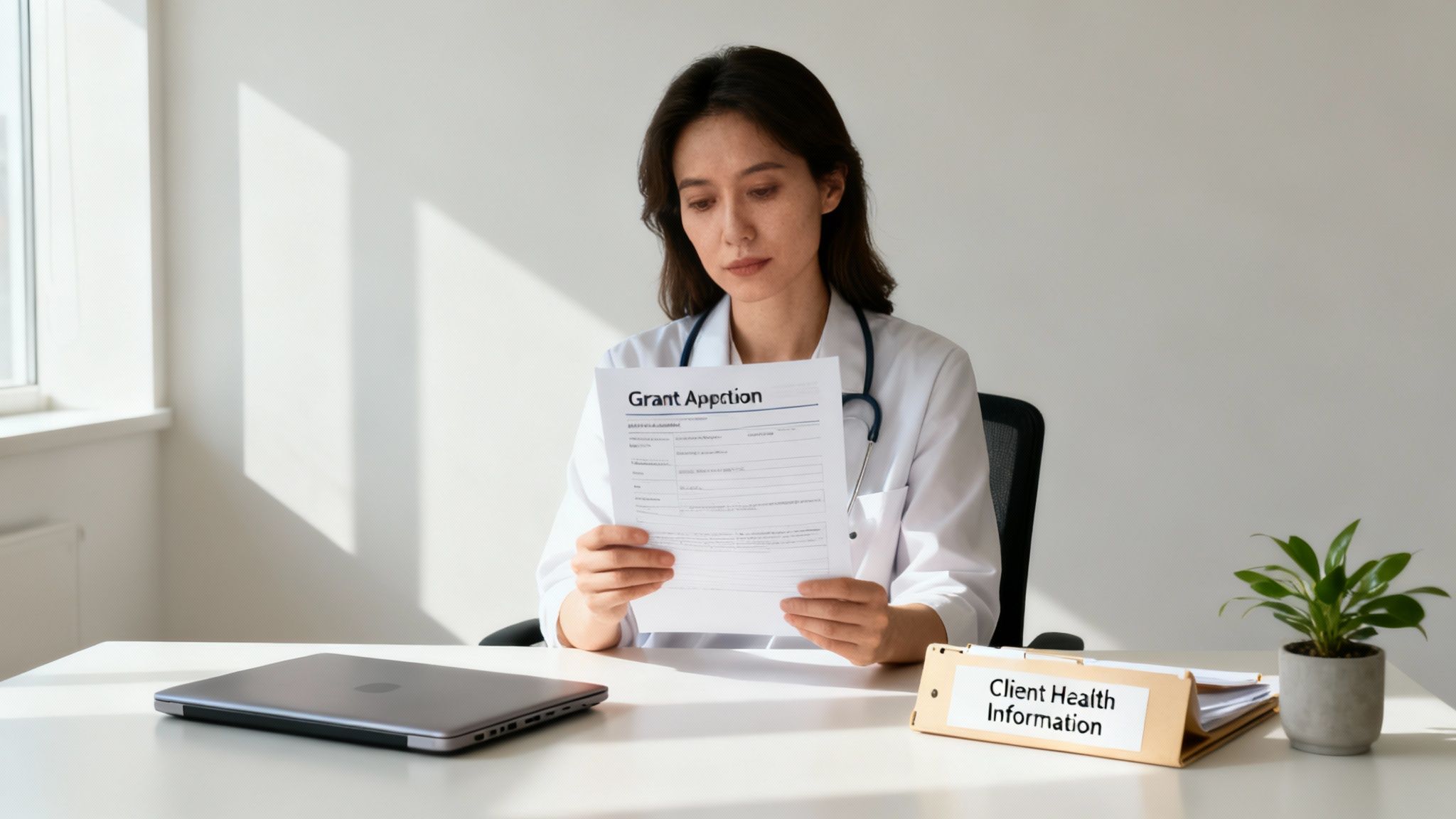 A serious doctor studies a 'Grant Appction' form at a desk with medical documents and a laptop.