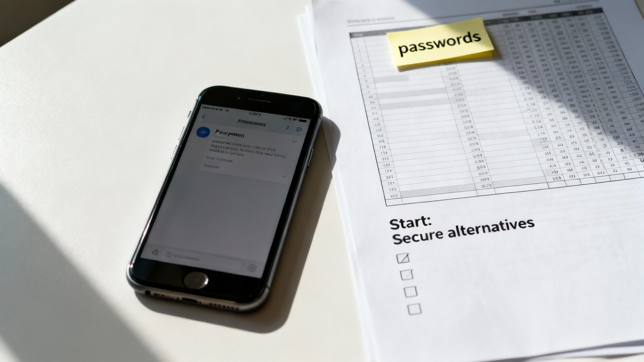 Smartphone displaying password options next to a document with 'passwords' sticky note and 'secure alternatives'.
