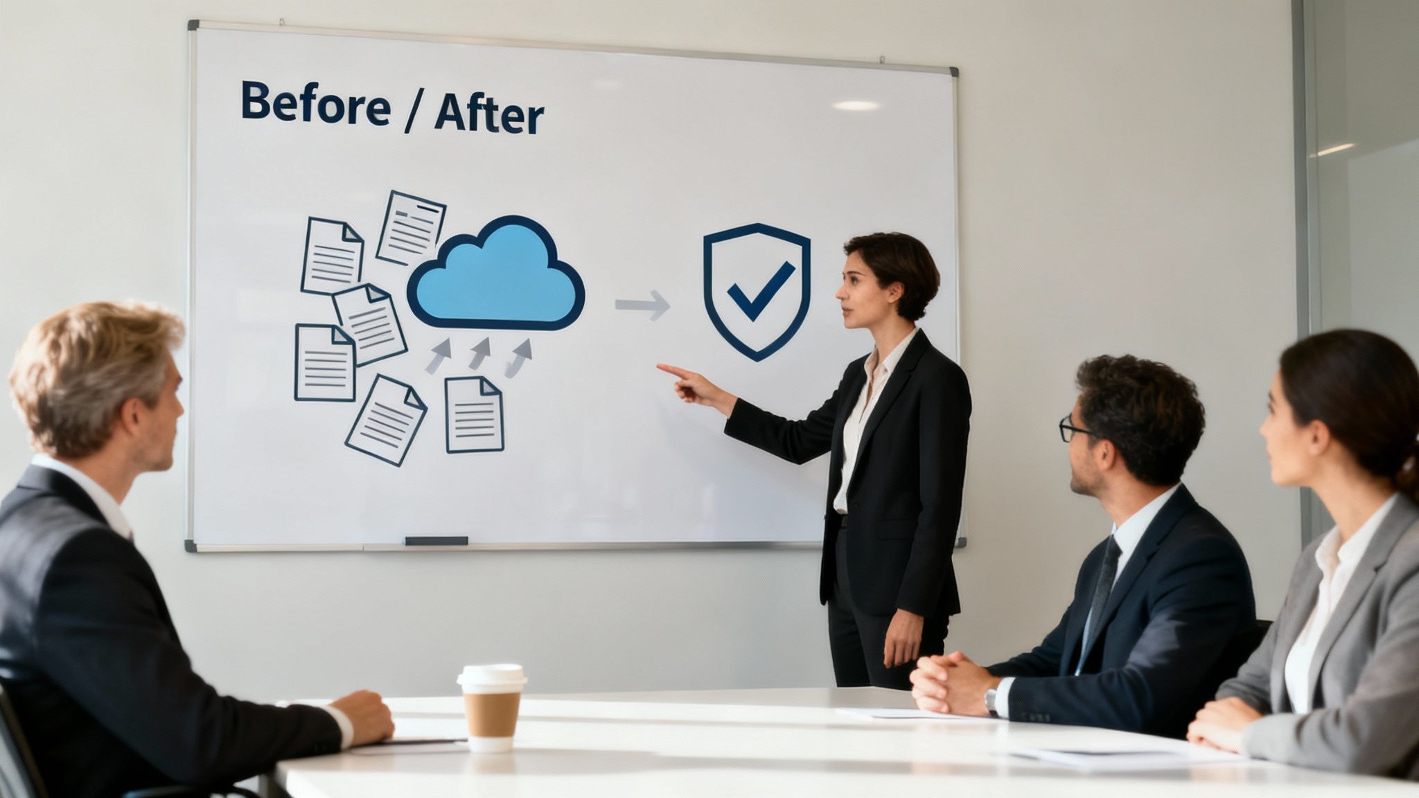 A businesswoman explains a secure cloud document management system on a whiteboard to her team.