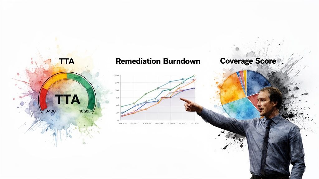 A man presents three business metrics: a TTA gauge, a remediation burndown, and a coverage score pie chart.