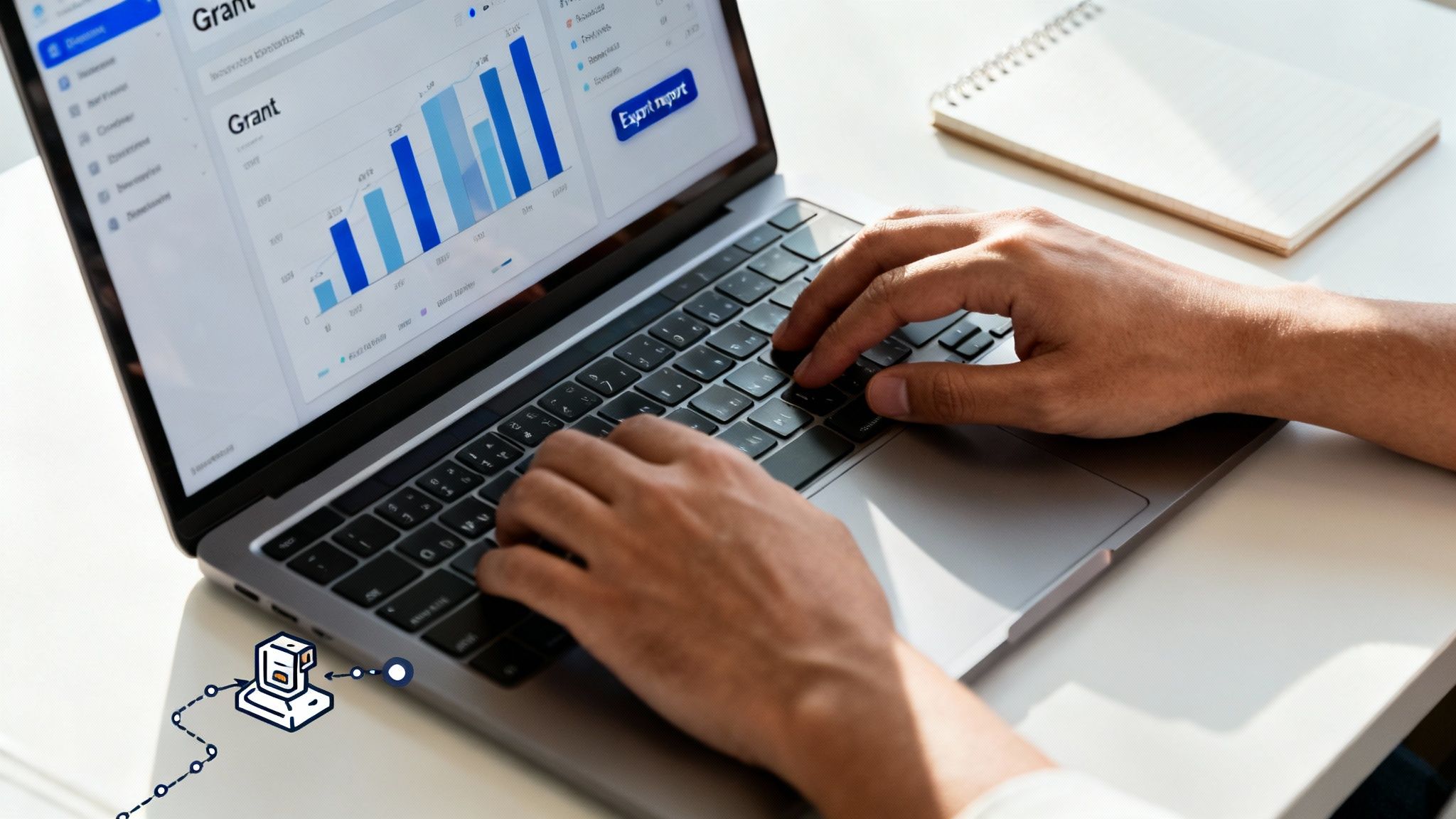 Hands typing on a laptop, analyzing grant data with charts and an 'Export report' button.