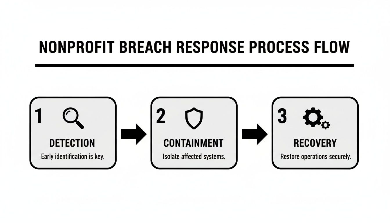 A flowchart detailing the three-step nonprofit data breach response process: detection, containment, and recovery.