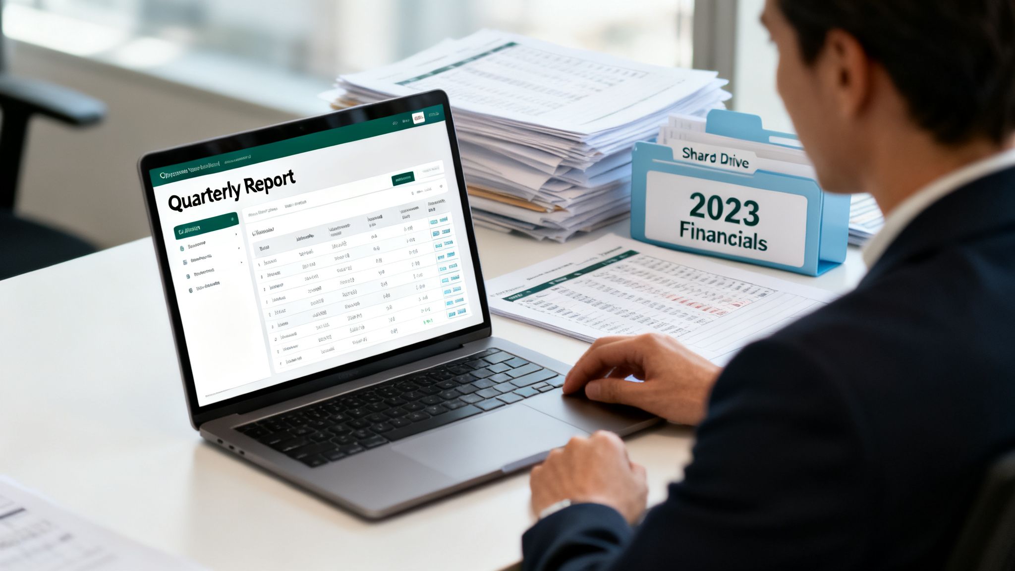 Businessman reviewing a quarterly report on a laptop with 2023 financial documents on his office desk.
