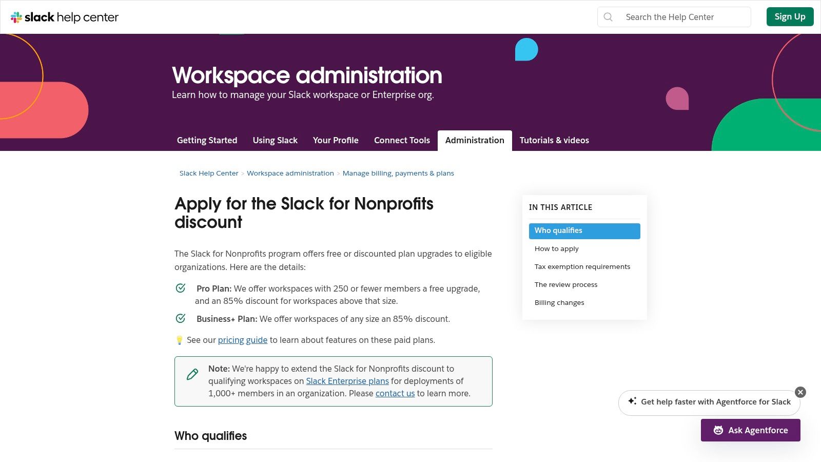 A screenshot of the Slack for Nonprofits program page, highlighting the discounts available for eligible organizations.