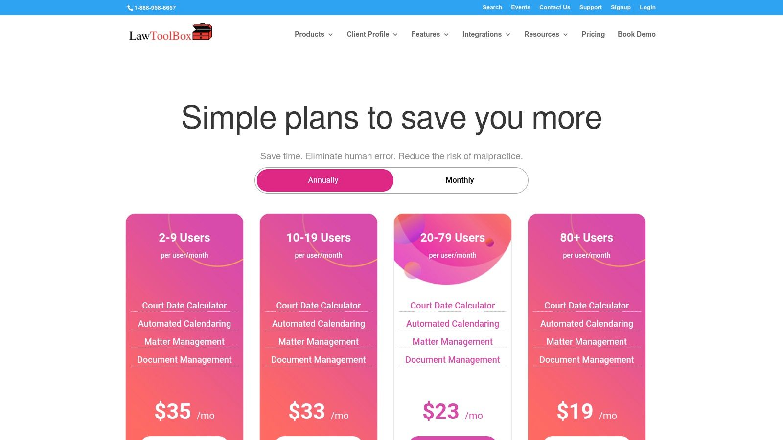 A screenshot of the LawToolBox pricing plans, showing different tiers based on the number of users and features.