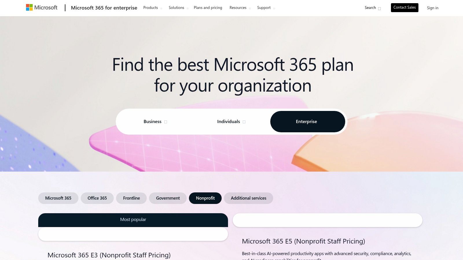 A screenshot of the Microsoft 365 for Nonprofits plans and pricing page, showing different tiers available for nonprofit organizations.