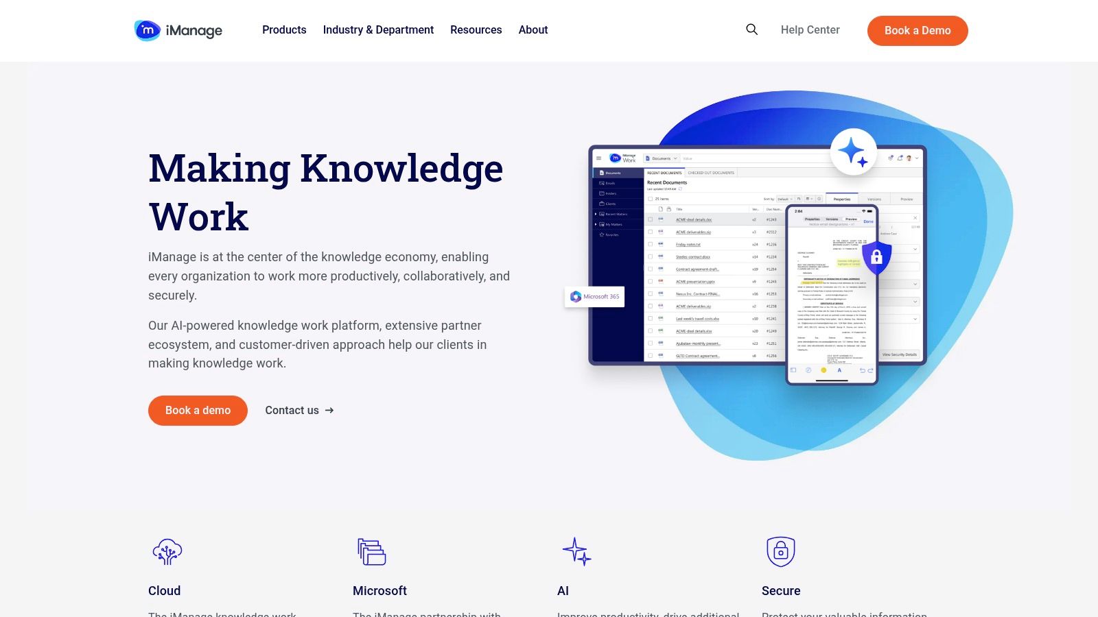 A screenshot showing the iManage Cloud interface for document management, highlighting its integration with common legal workflows.