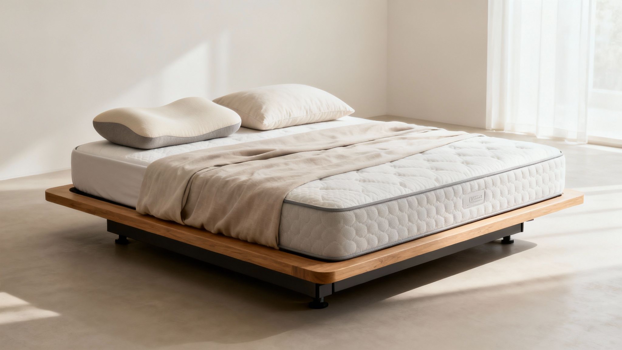 A perfectly made bed with two pillows, showcasing a complete sleep system.