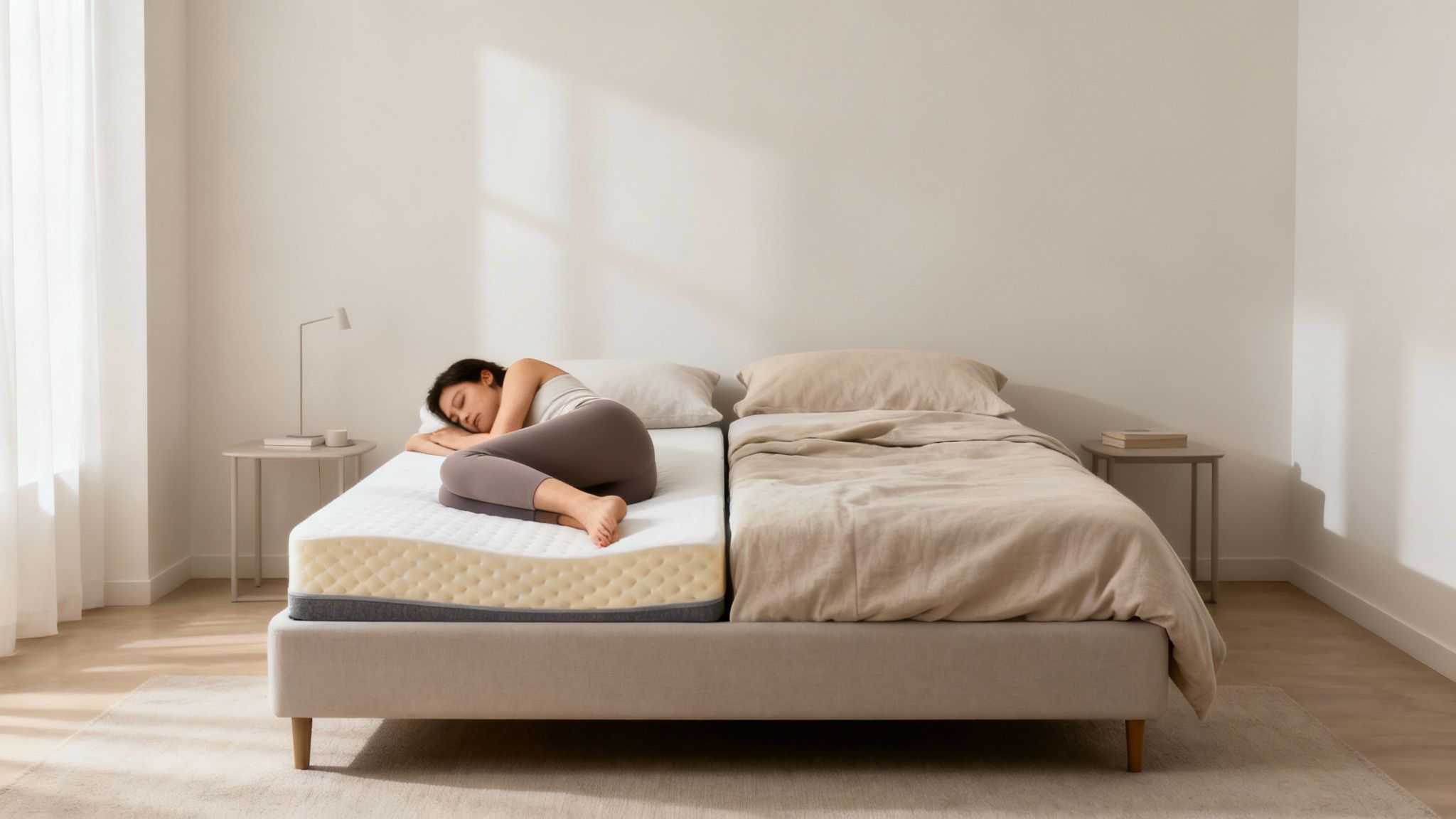 A woman sleeping peacefully on her side in a well-lit, serene bedroom.
