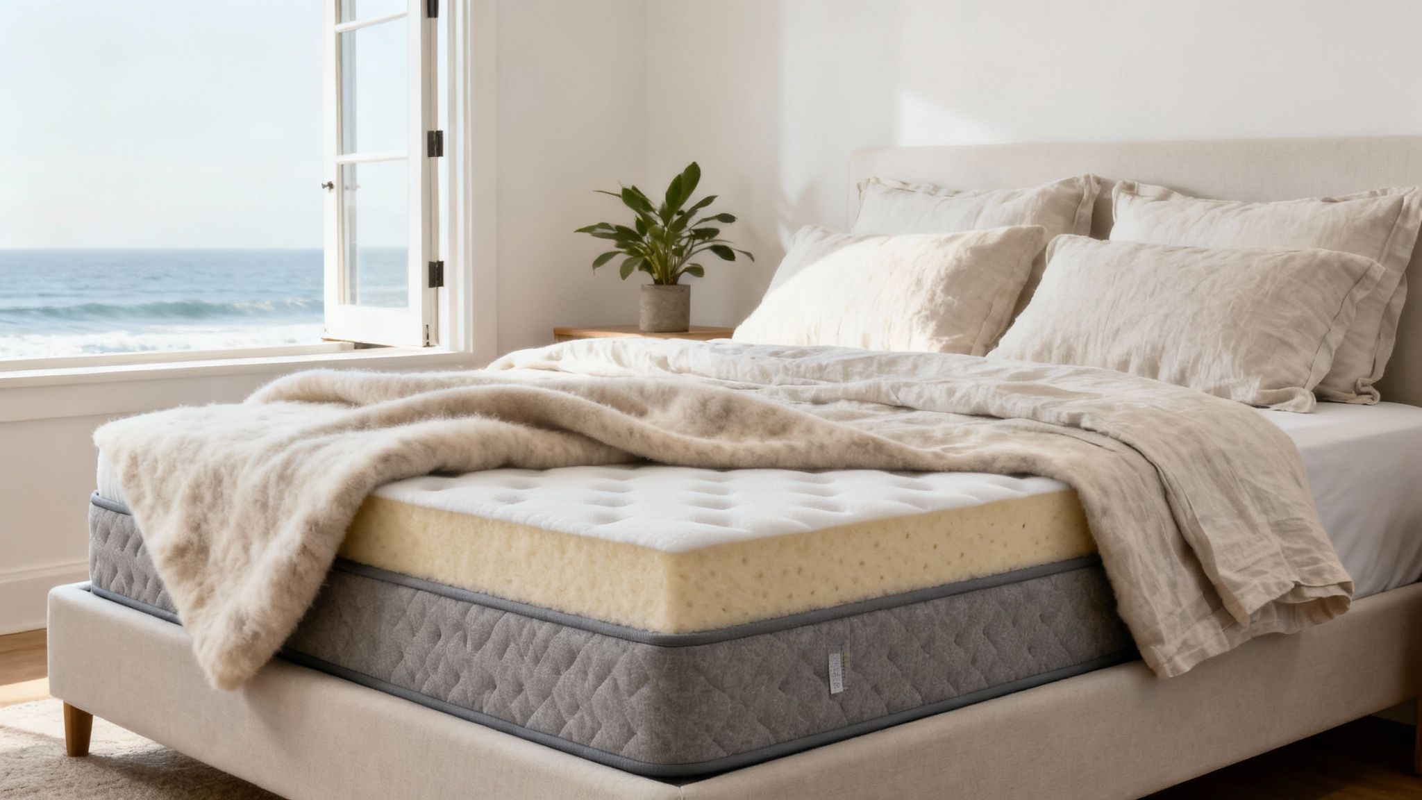 Luxury hybrid mattress with quilted top on modern bed frame overlooking ocean view