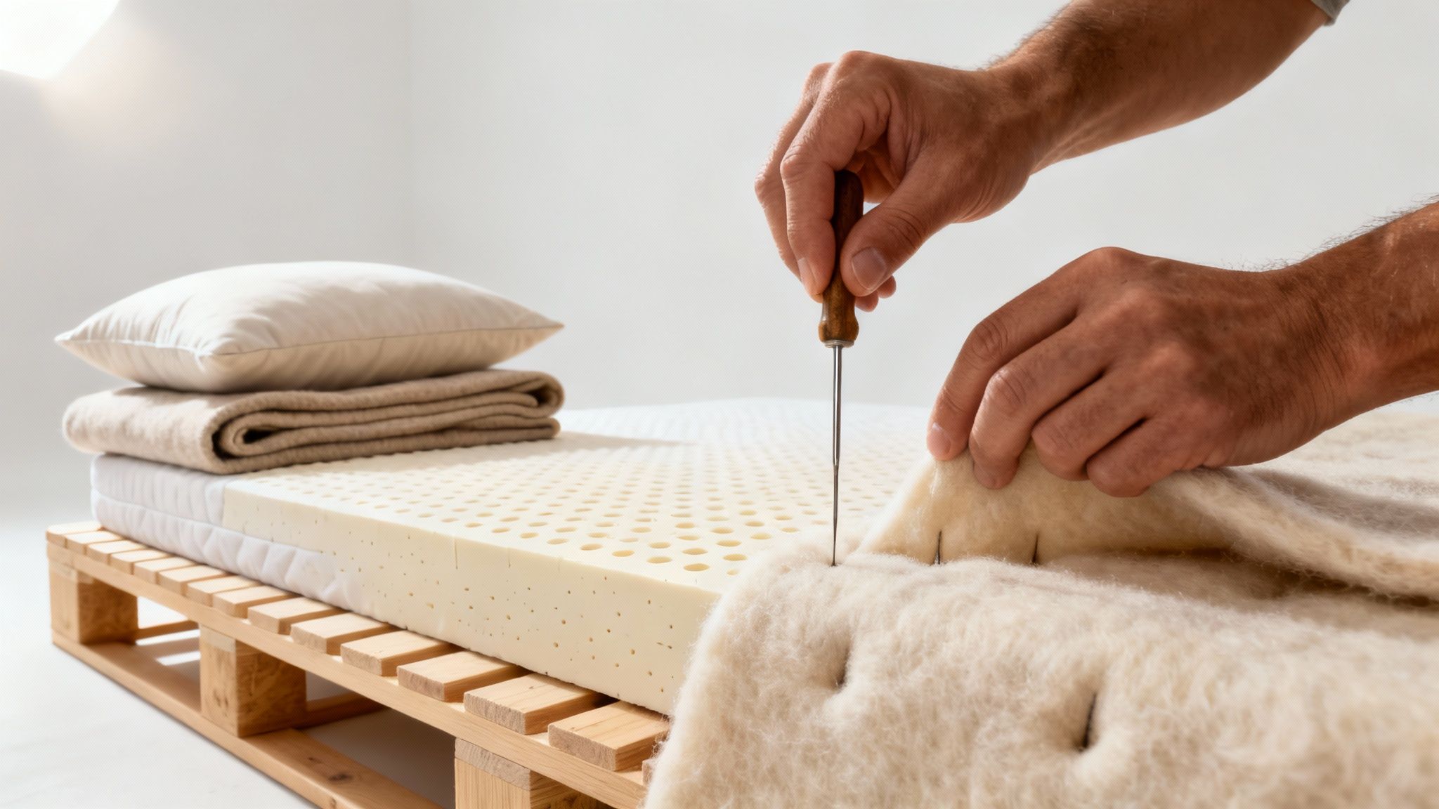Hands tufting natural wool onto a latex mattress on a wooden pallet bed.