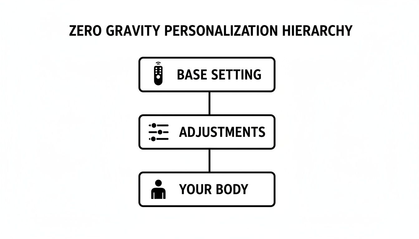 A hierarchy diagram illustrating zero gravity personalization with steps: Base Setting, Adjustments, and Your Body.