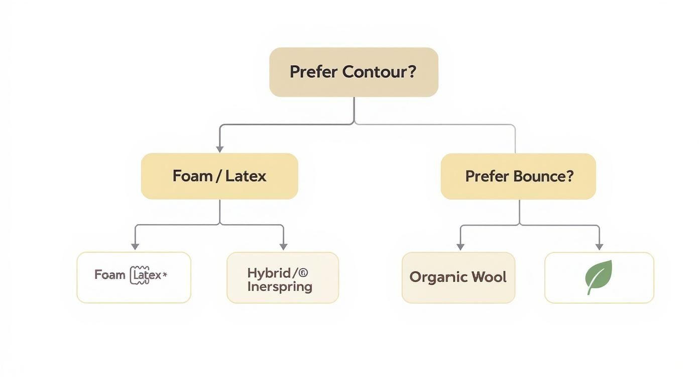 Infographic decision tree helping users choose a mattress feel based on their preference for contour, bounce, or natural materials.