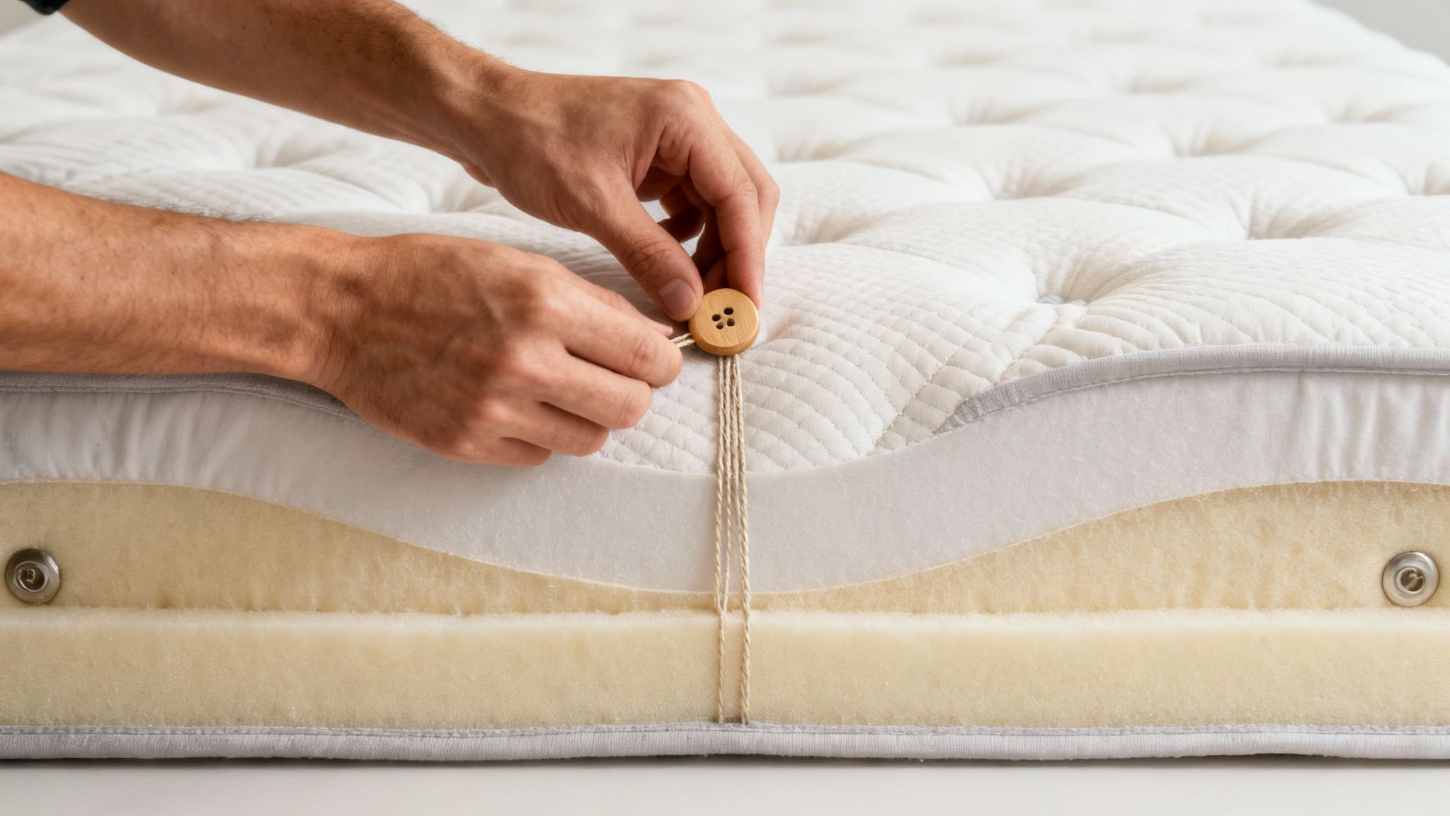 Hands securing a wooden button on a natural mattress, revealing its multi-layered construction.