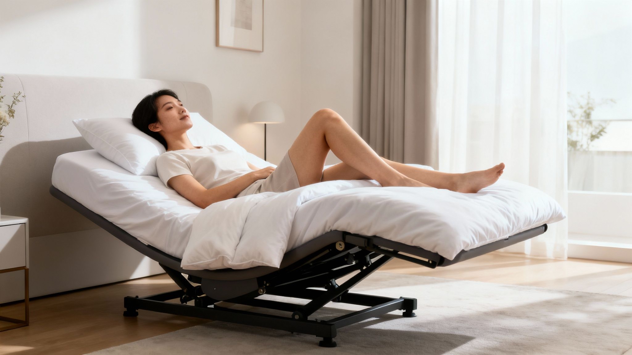 A woman relaxes on a modern adjustable bed, elevated for comfort, in a bright bedroom.