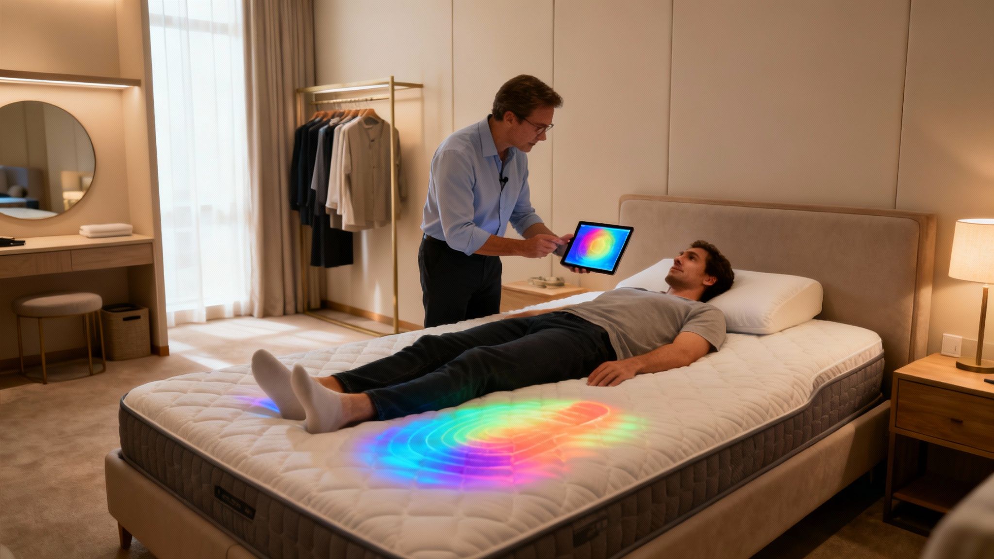 Man on smart mattress with projected heat map while technician displays data on a tablet.