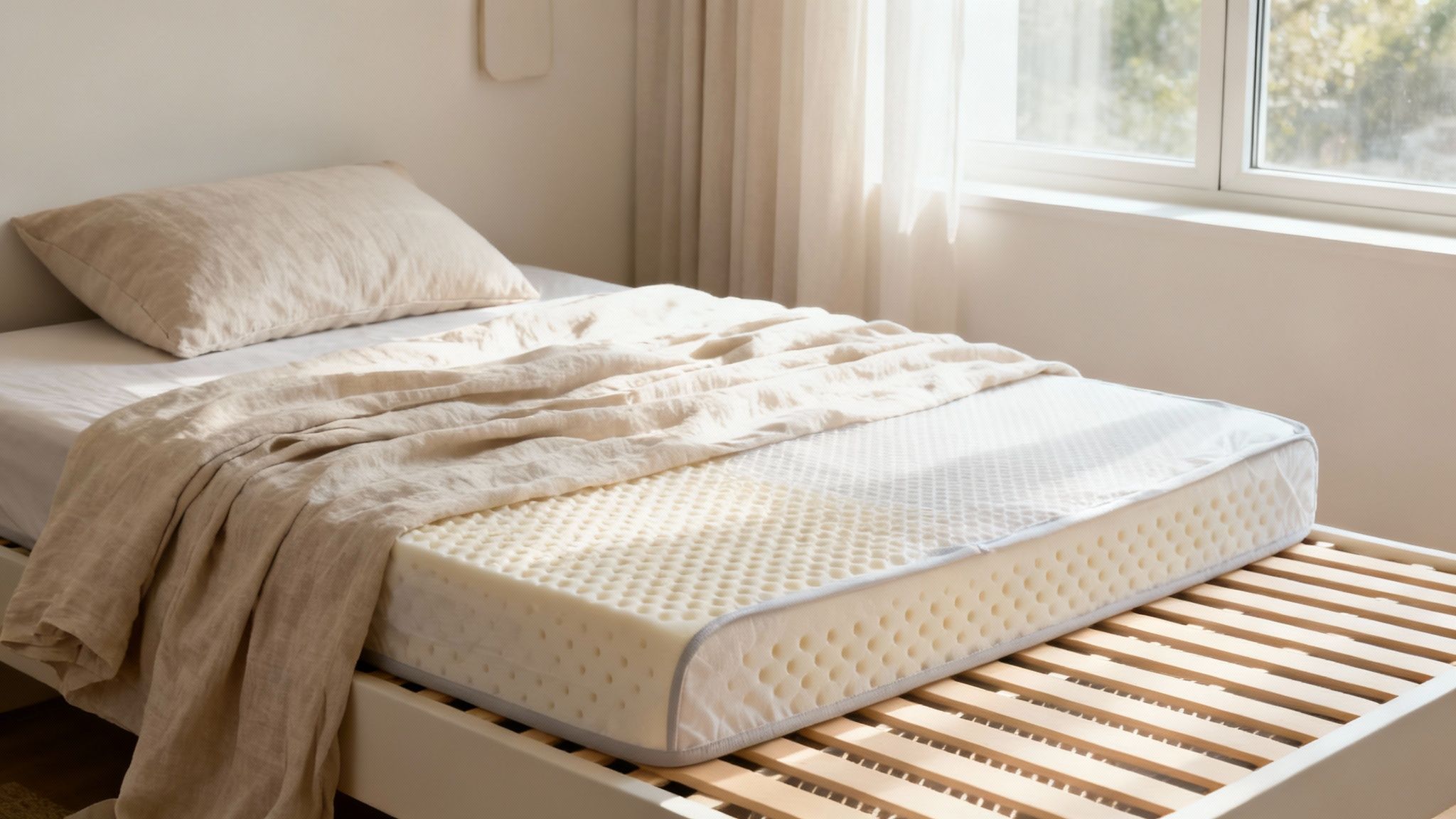 Bedroom with a visible breathable latex mattress on a slatted bed frame, linen bedding, and natural light.