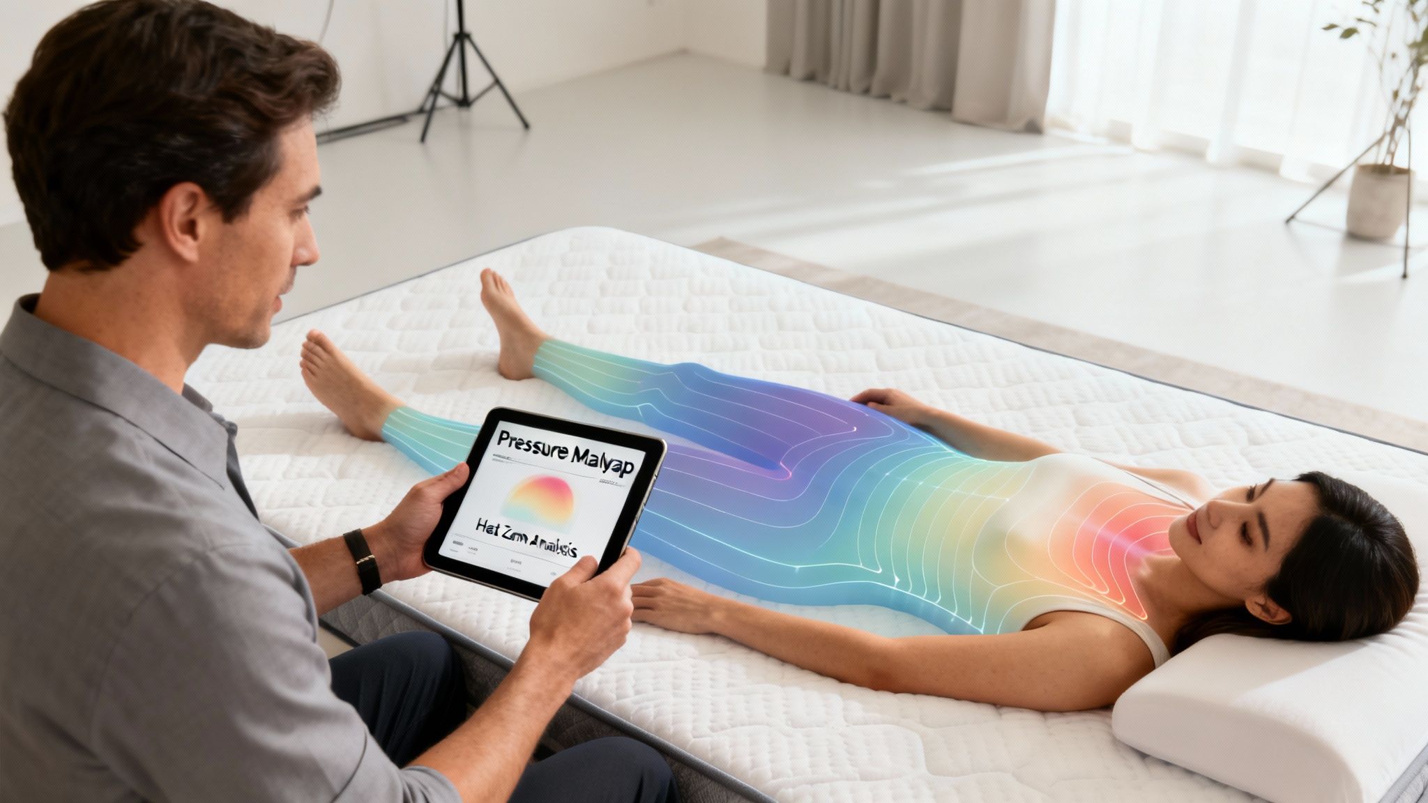 Man analyzes a woman's pressure map on a mattress using a tablet to show body support.