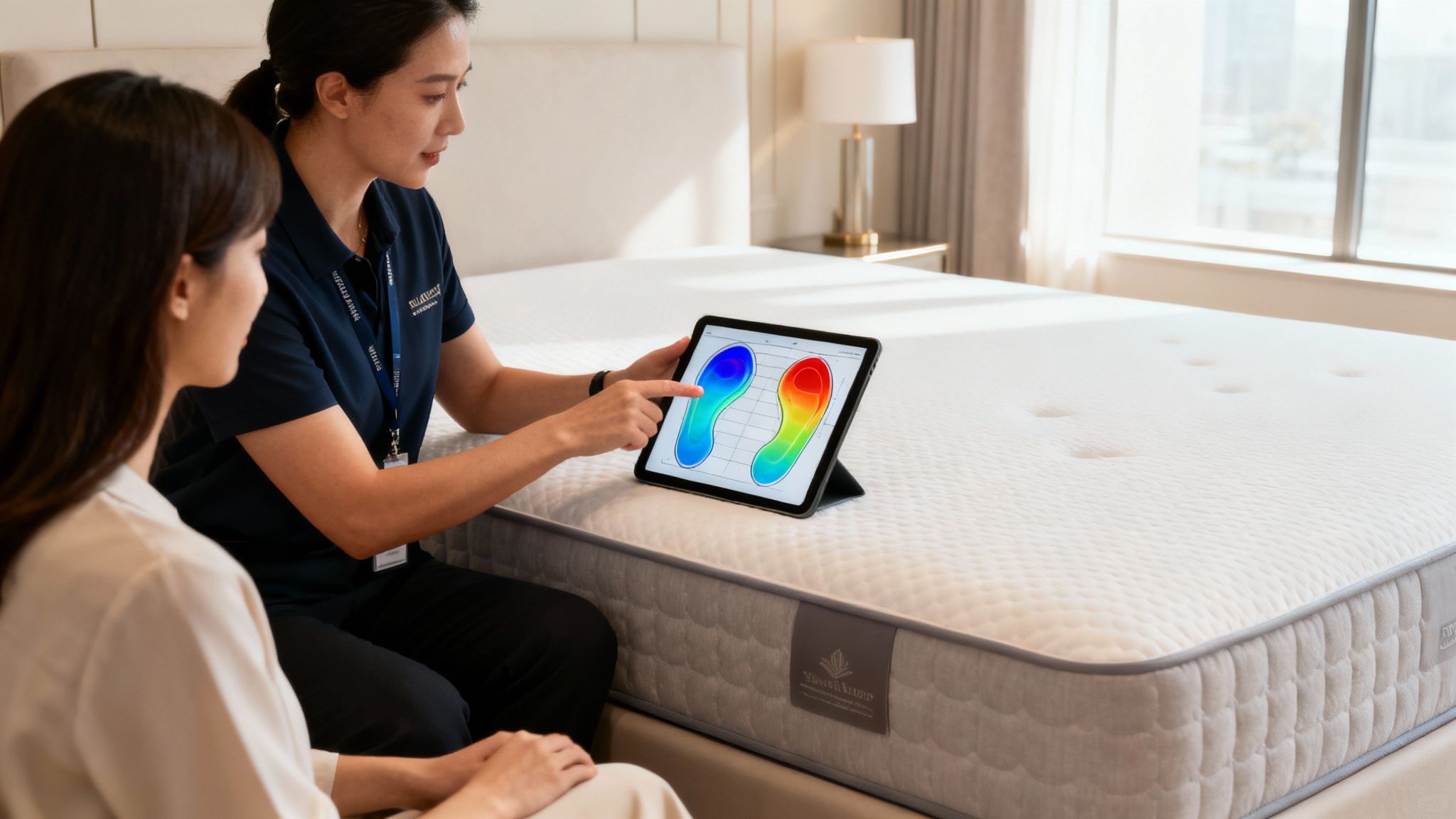 A Certified Sleep Coach from Golden Dreams Mattress assisting a client with a pillow fitting in the private Carlsbad showroom.
