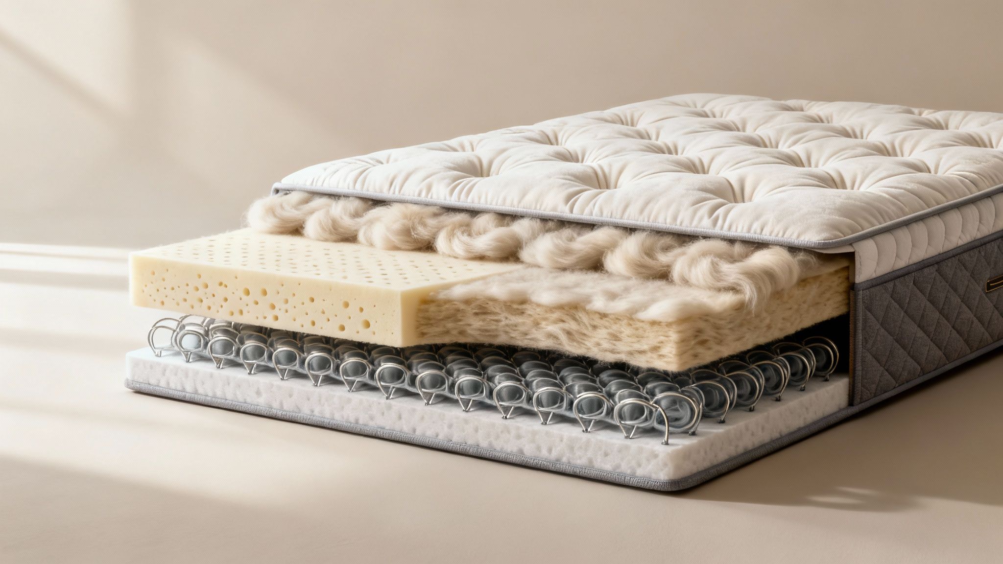 Detailed cross-section of a mattress revealing internal layers including latex foam, natural fibers, and pocket springs.