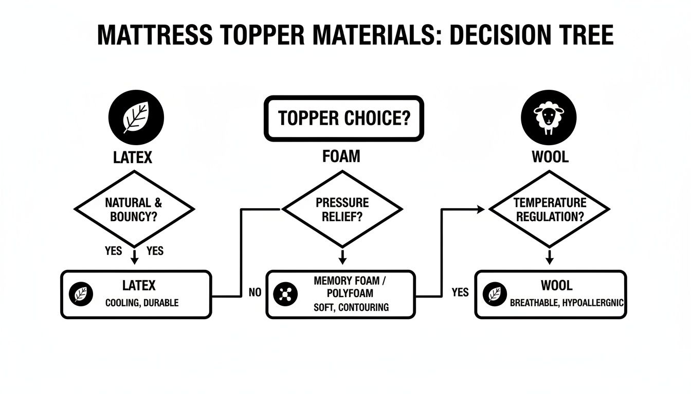 Decision tree flowchart guiding mattress topper material choice: Latex, Foam, or Wool based on desired features.
