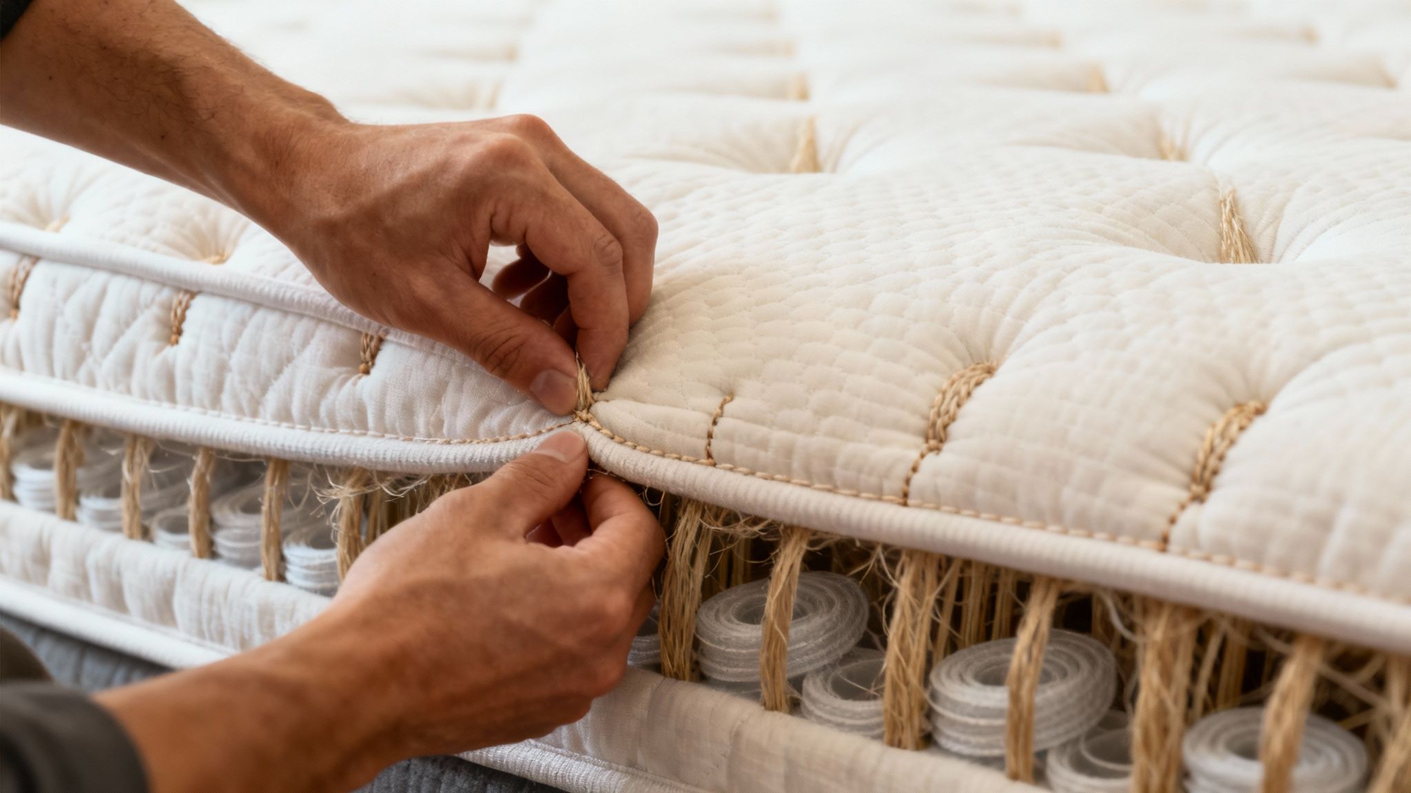 Close-up shot of the hand-tufted surface of a luxury mattress, showing the deep dimples and quality stitching.