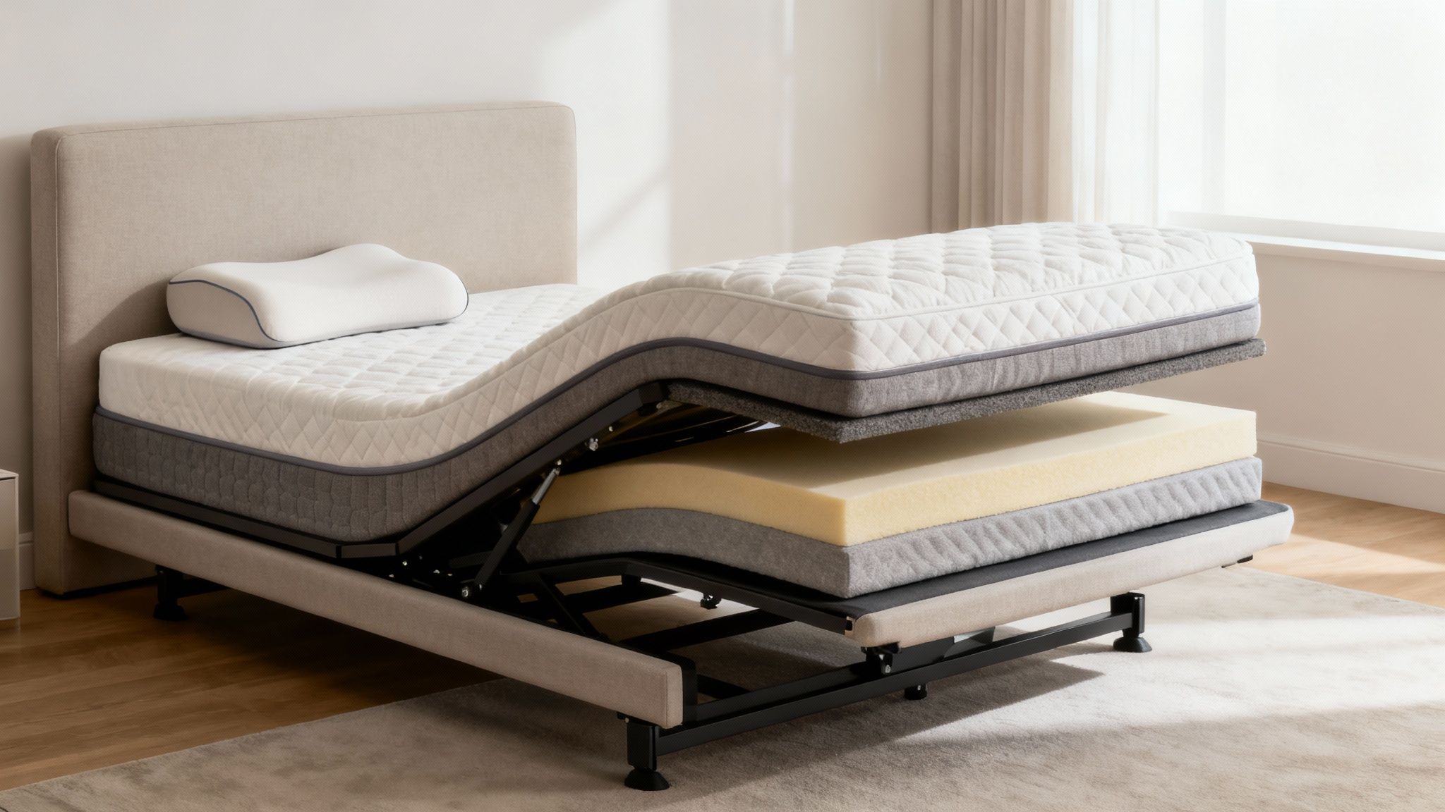 A detailed view of an adjustable bed with its mattress layers separated to show foam construction.