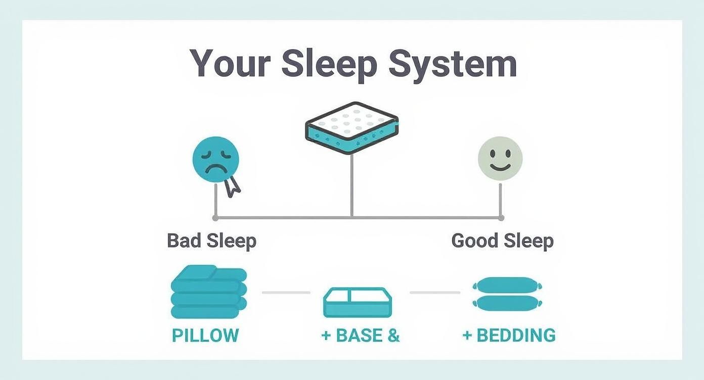 Infographic illustrates a sleep system with mattress, pillow, base, and bedding leading to good or bad sleep.