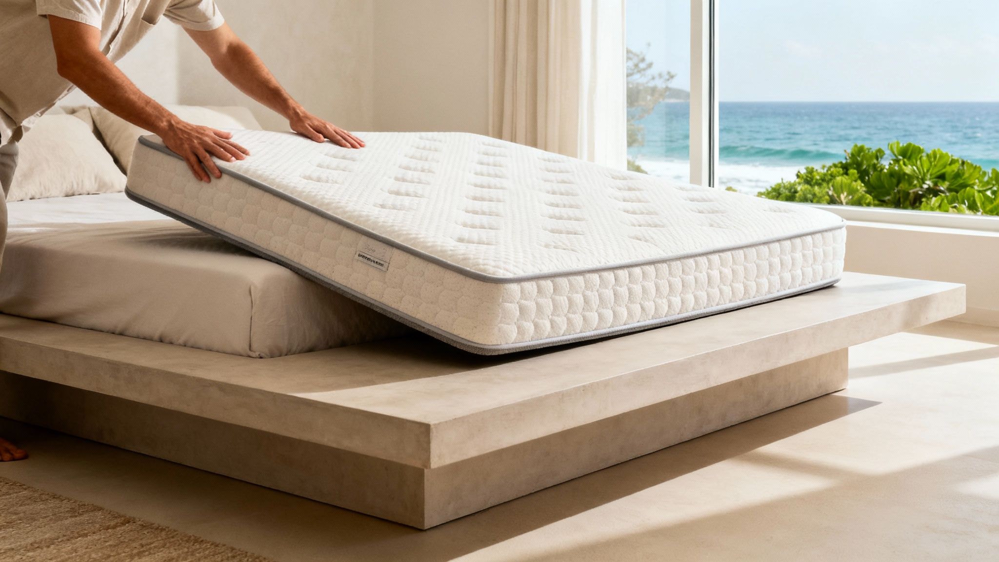 A person places a white mattress onto a minimalist bed frame in a bright room with an ocean view.