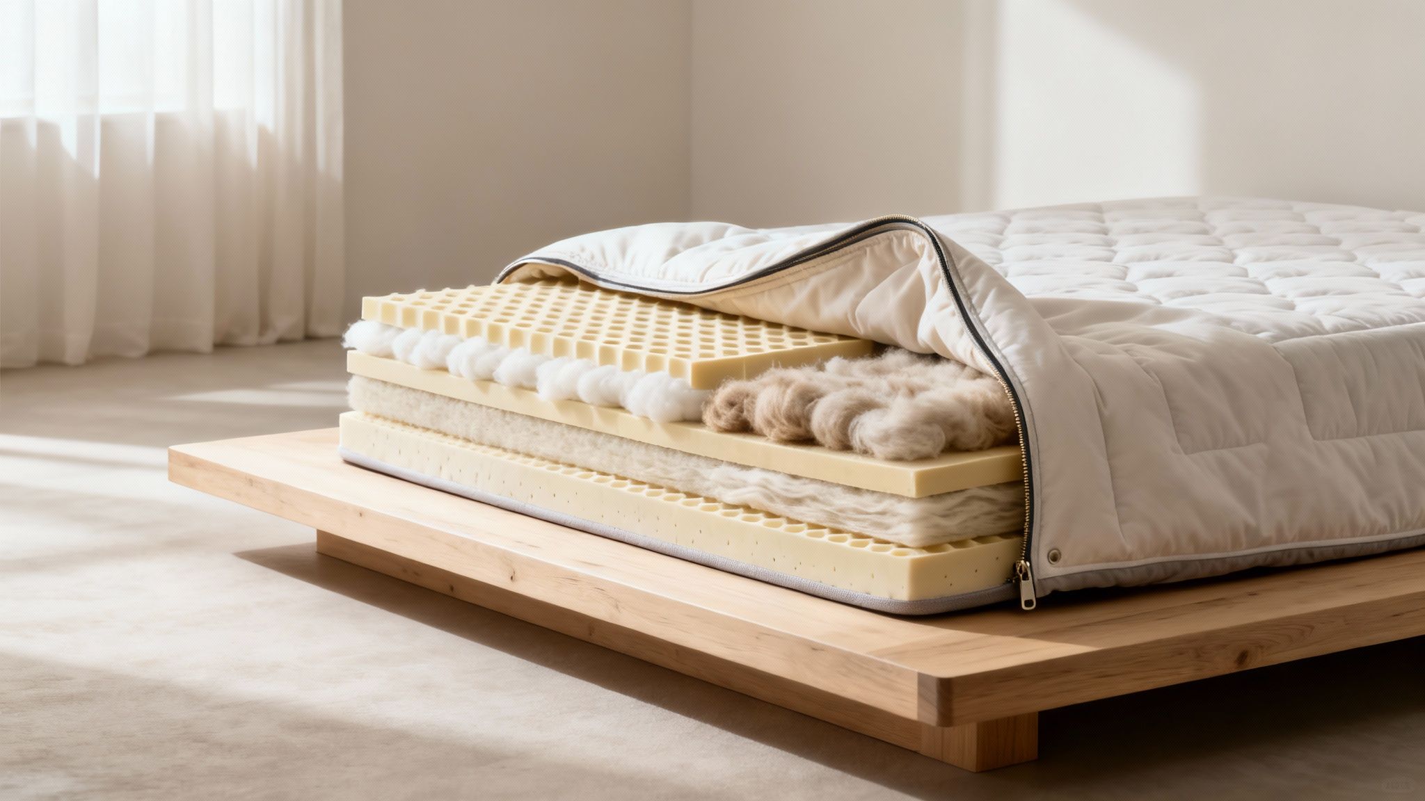Cutaway view of a natural mattress revealing layers of latex foam, cotton, and wool on a wooden bed frame.