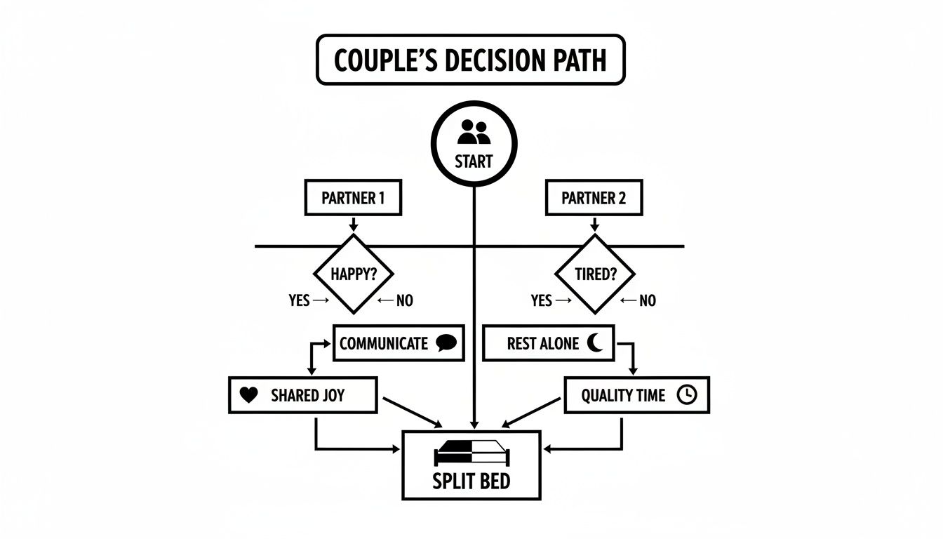 Decision path flowchart for couples, addressing happiness, tiredness, communication, rest, and eventually a split bed.