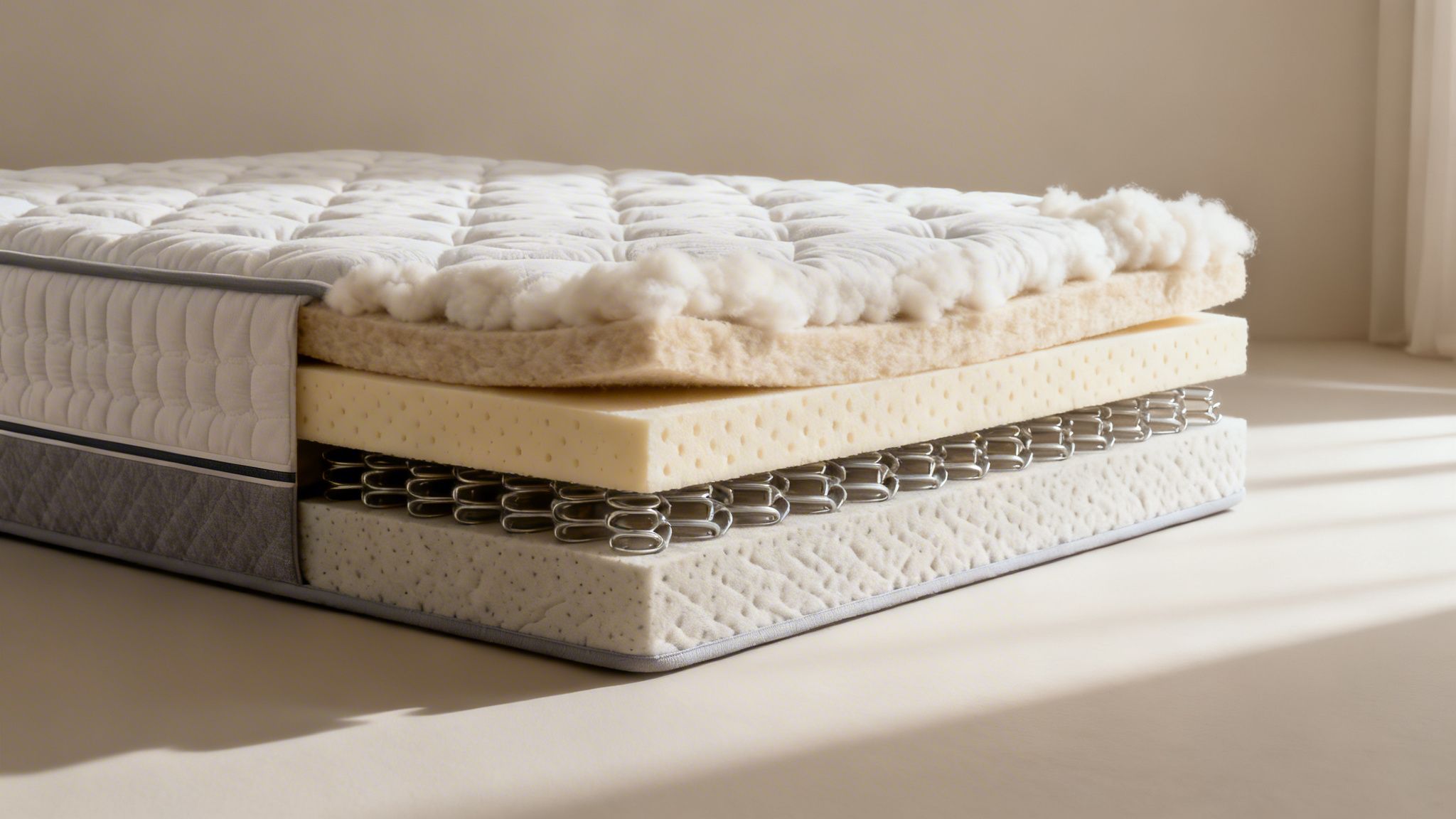 Detailed cross-section of a mattress revealing its internal layers: foam, springs, and quilting.
