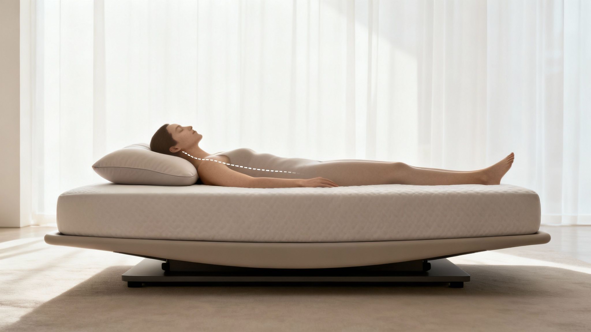 A person sleeping on their back on a mattress, with a dashed line showing optimal spinal alignment.