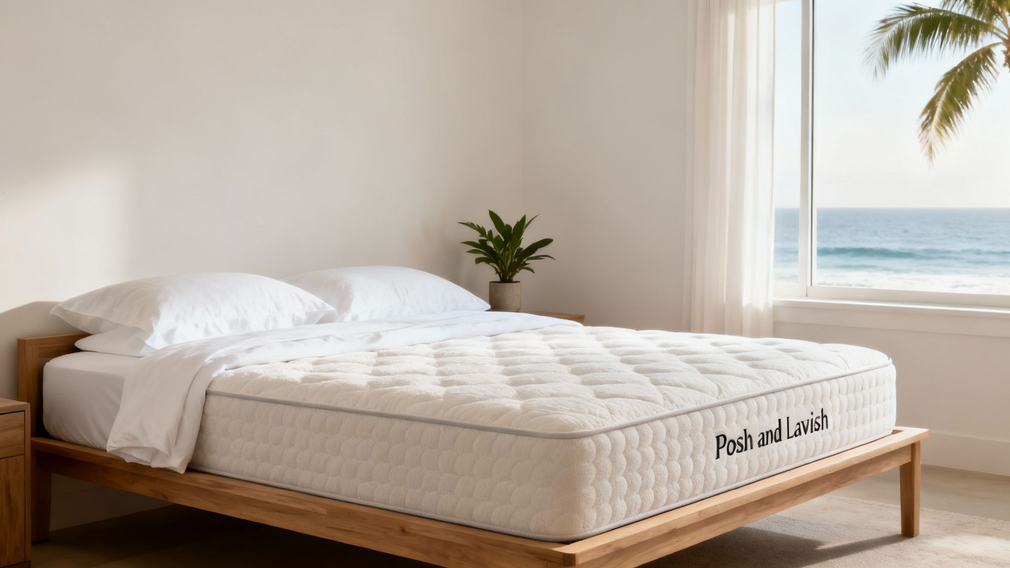 A Posh and Lavish mattress on a wooden bed frame in a bedroom with an ocean view.