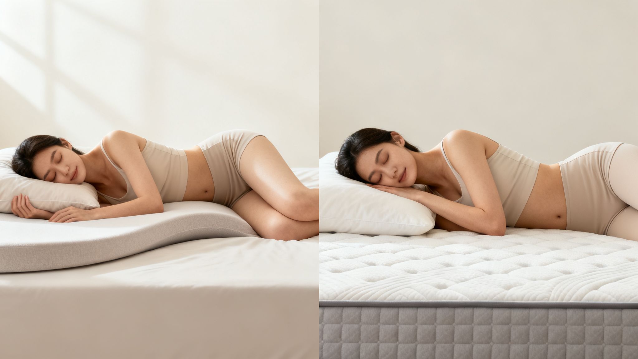 A woman sleeps comfortably on her side, comparing a special body support pillow with a standard mattress.