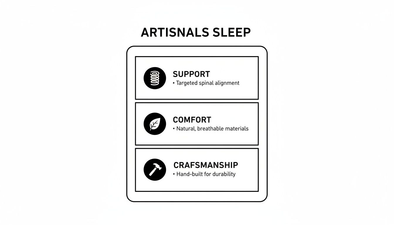Artisnals Sleep features: support with spinal alignment, comfort from natural materials, and hand-built craftsmanship.