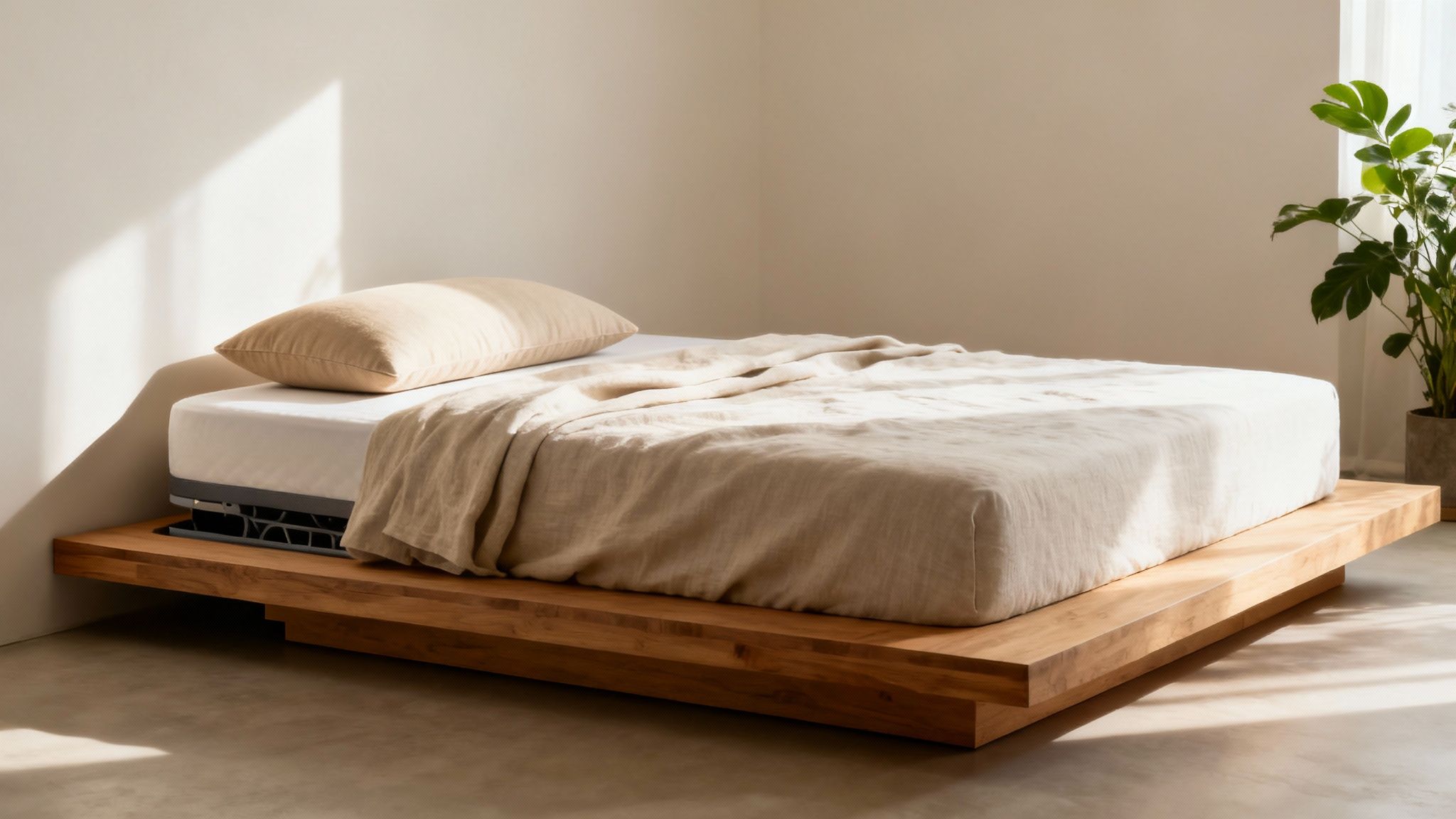 A thoughtfully arranged bedroom with an organic mattress, supportive pillows, and a solid wood foundation, creating a serene sleep environment.
