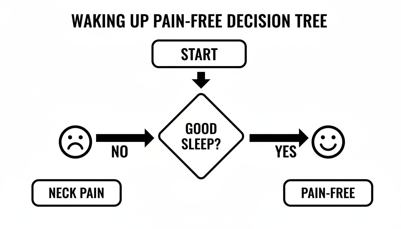 A decision tree flowchart illustrating if good sleep leads to waking up pain-free or with neck pain.