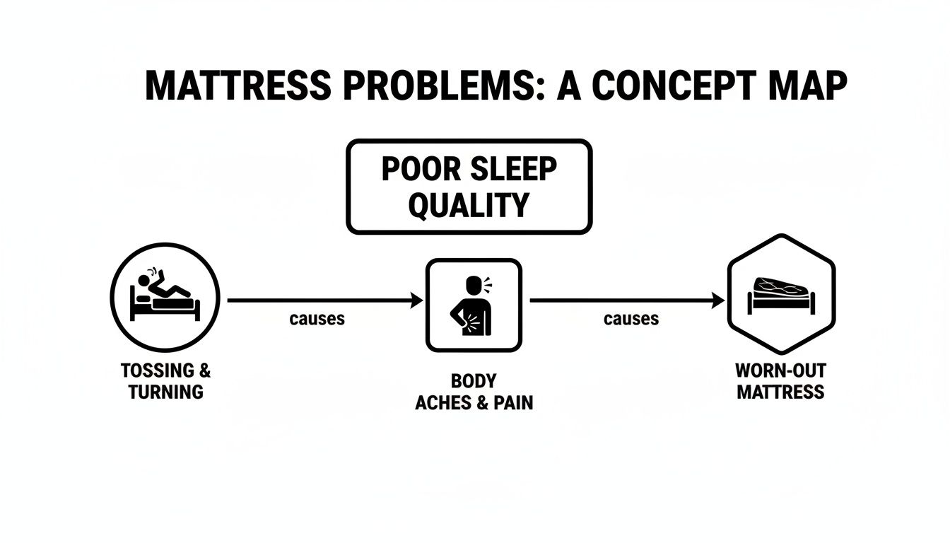 A concept map illustrating how mattress problems like tossing and turning lead to body aches, pain, and poor sleep quality.
