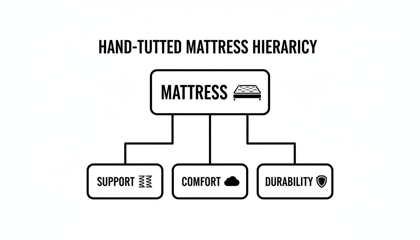 A hierarchy chart illustrating the main features of a mattress: support, comfort, and durability.
