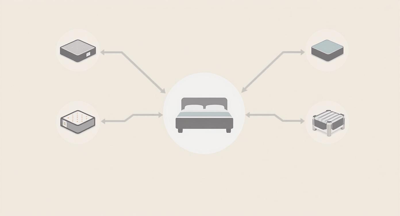 Infographic of a concept map showing a sleep system with mattress, pillow, and base components.