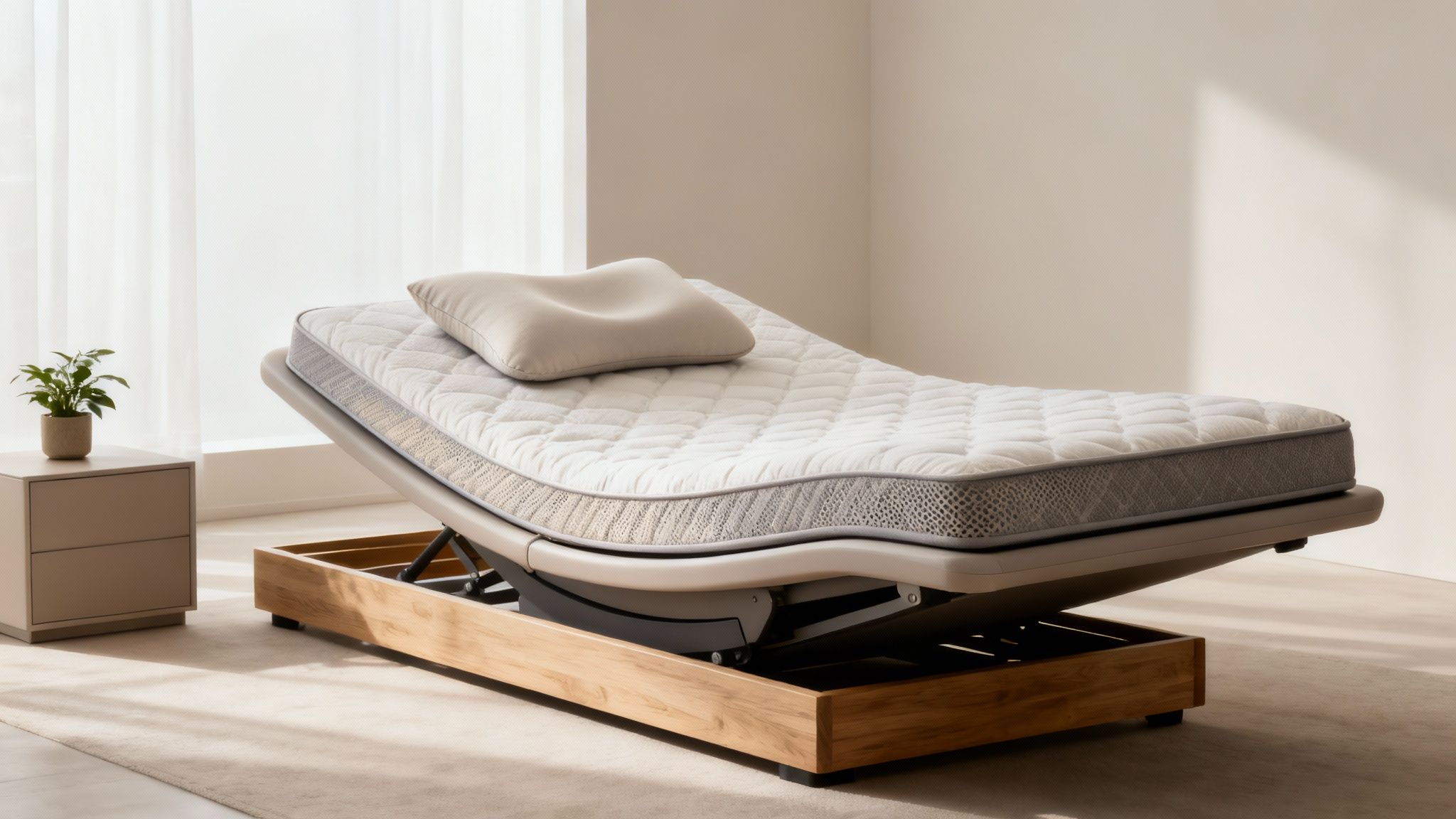 An adjustable bed with a white quilted mattress, a beige pillow, and a wooden frame.