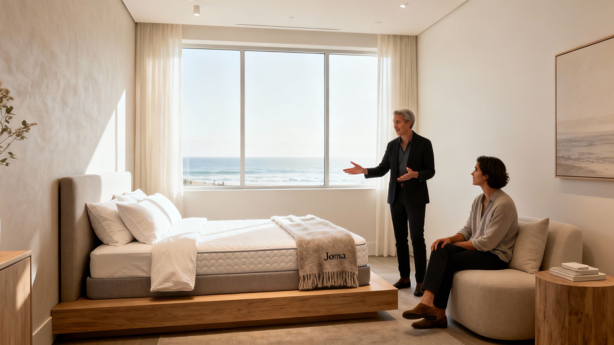 Two men discuss a Joma luxury mattress in a bright bedroom with an ocean view.