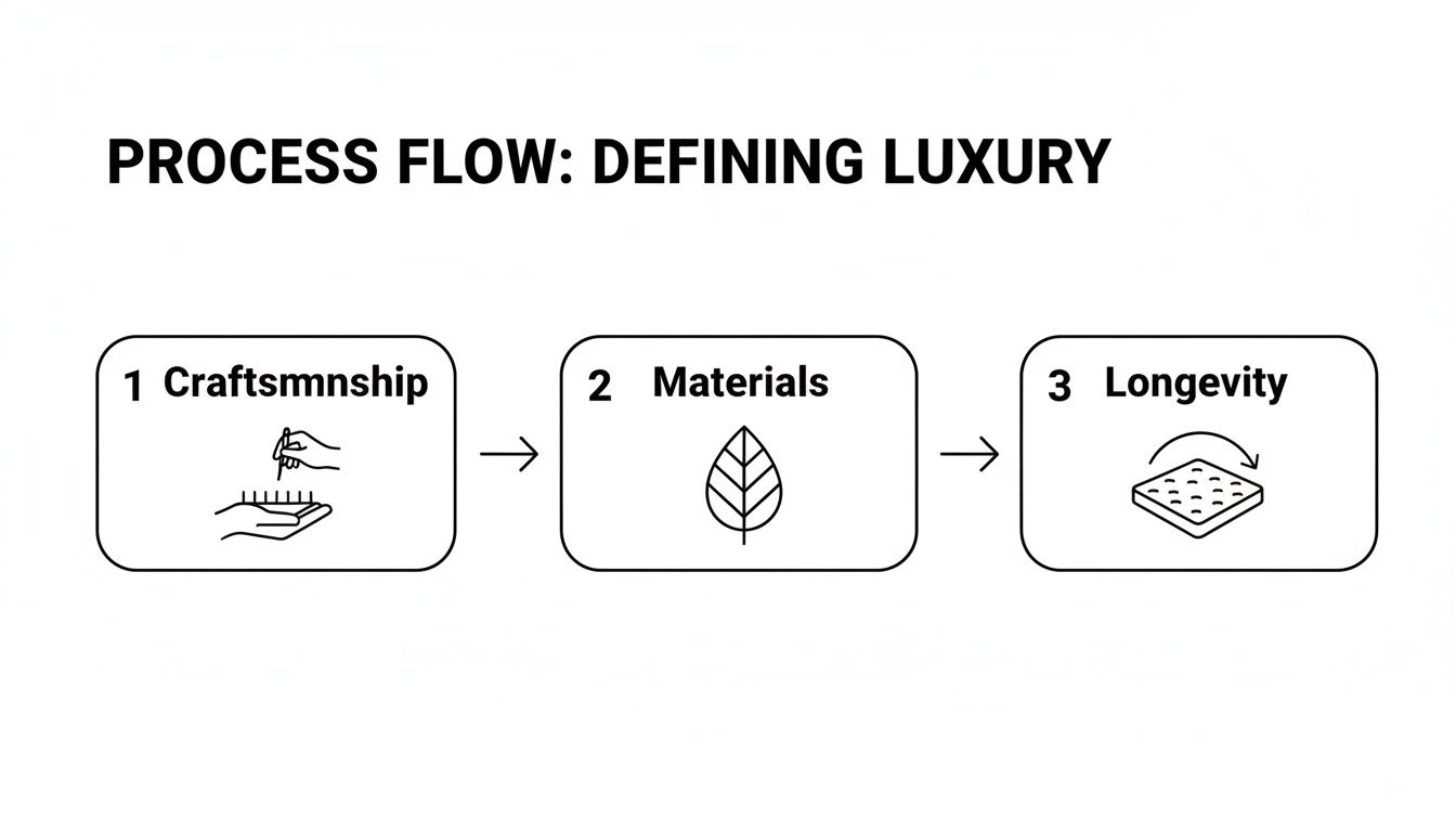 Process flow diagram showing luxury defined by craftsmanship, quality materials, and longevity.