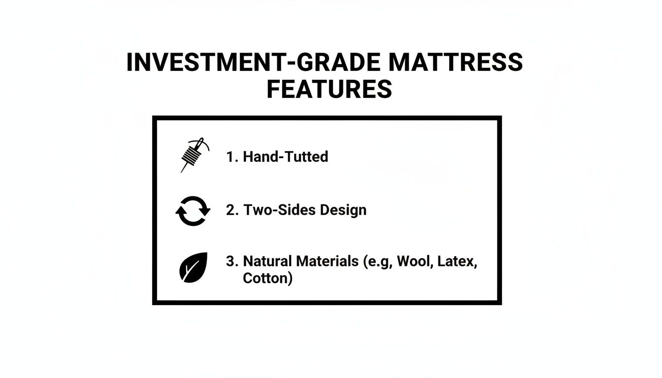 Investment-grade mattress features: hand-tufted, two-sides design, natural materials like wool, latex, and cotton.