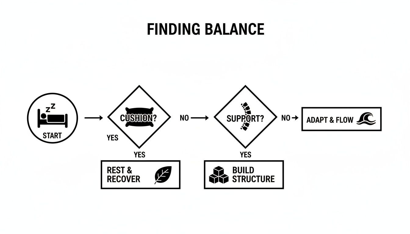 Flowchart illustrating the process of finding balance through cushion, support, or adapting to flow.