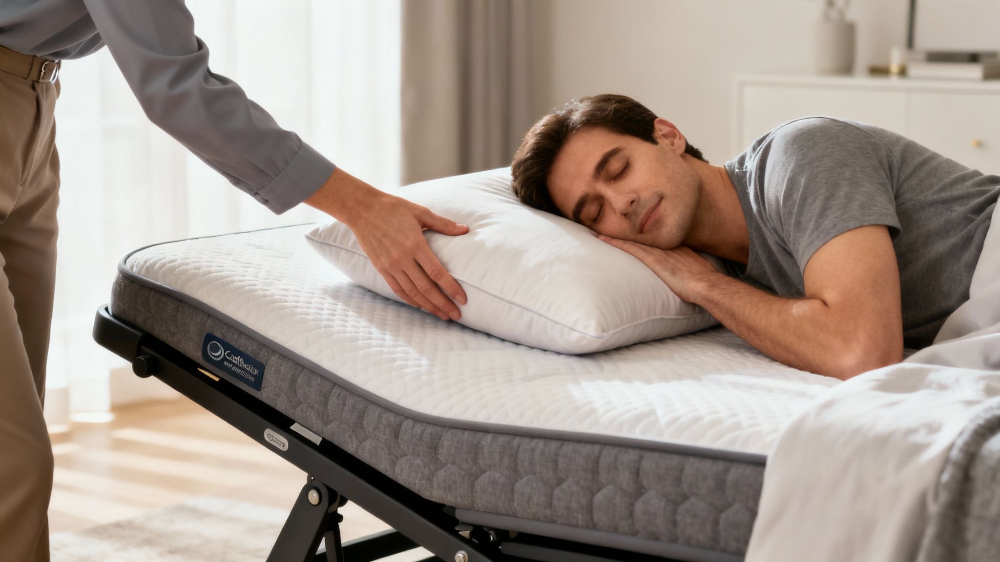Elegant bedroom setup showing a luxury mattress on an adjustable base with perfectly matched pillows.