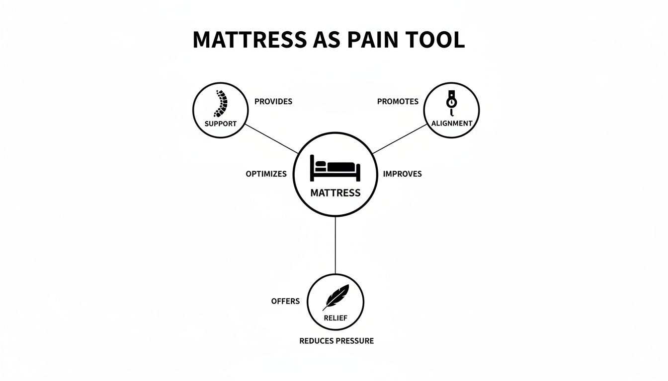 Diagram explaining how a mattress provides support, promotes alignment, and offers pressure relief for pain.
